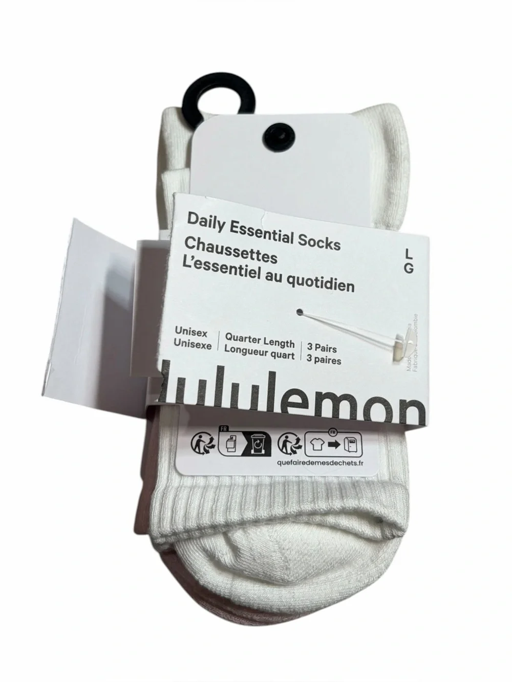 NWT Lululemon Daily Essential Socks *2 Pack Quarter Length White/Blissful Pink L